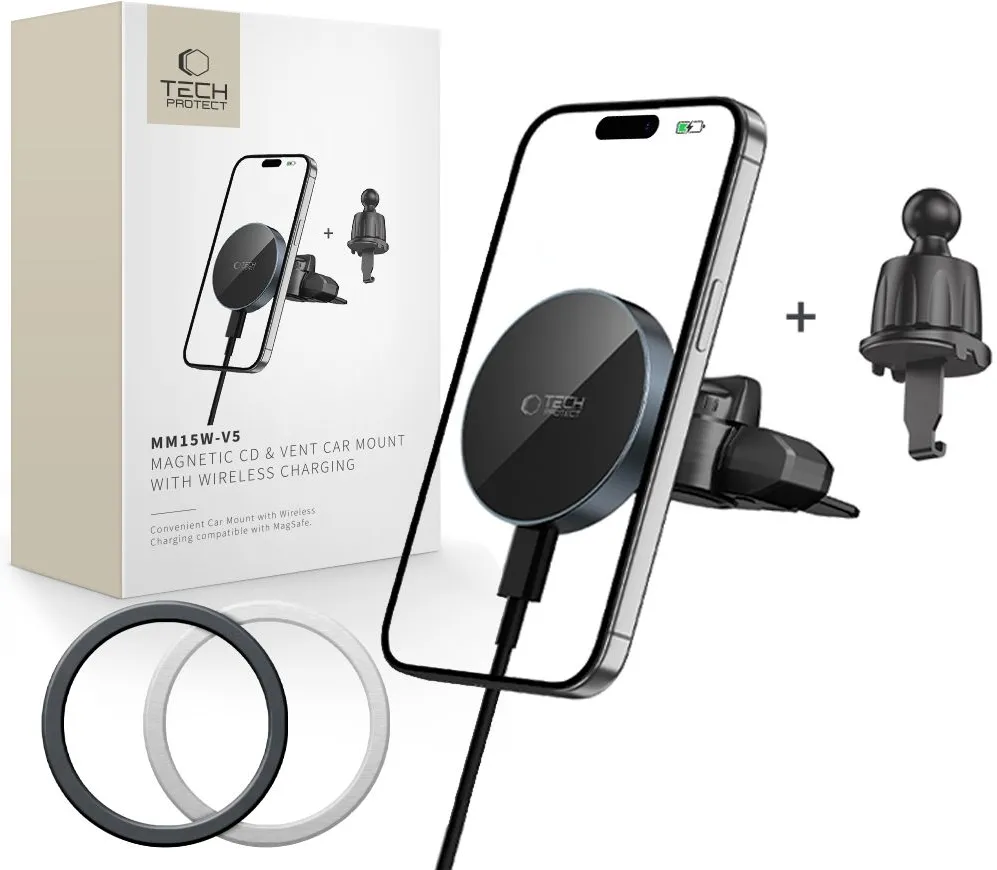 Suport telefon auto magnetic Tech-Protect MM15W-V5 cu incarcare wireless 15W MagSafe pentru grila de ventilatie si slot CD negru
