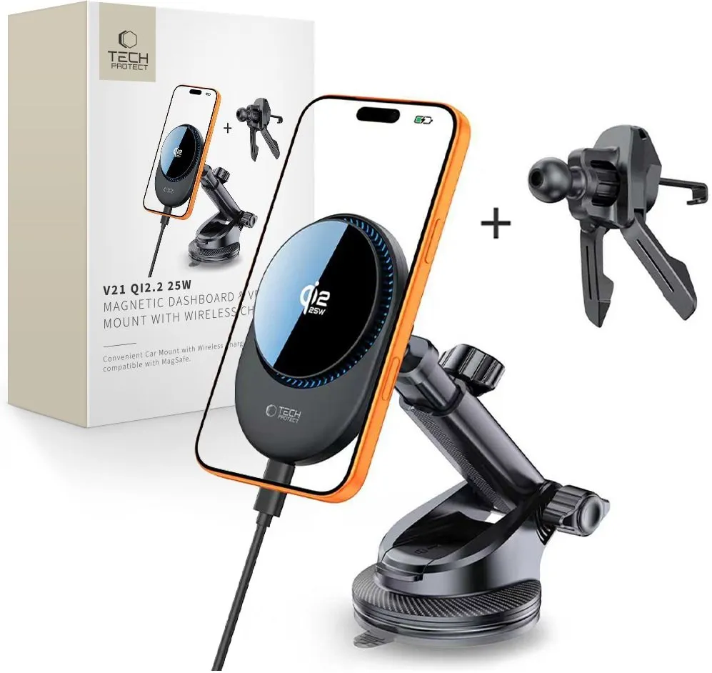 Tech-Protect V21 MagSafe Car Holder with 25W QI2.2 Inductive Charger for Cockpit/Windshield/Air Vent - Black