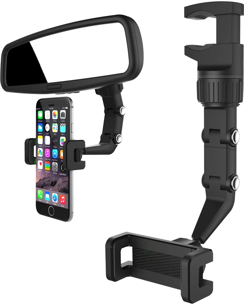 Adjustable car rearview mirror holder for smartphone black