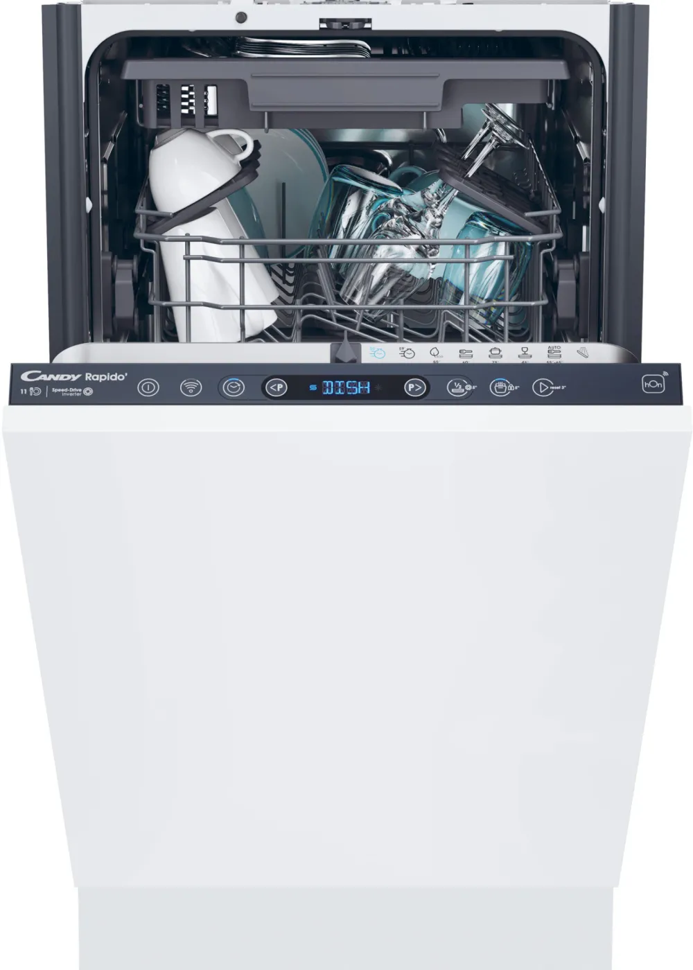 Masina de spalat vase incorporabila Candy Rapido CI1C7SB1FA, 11 seturi, 8 programe, Clasa C, 3 sertare, WiFi, Motor inverter, Wash & Dry 35', Automatic Open Door, 45 cm