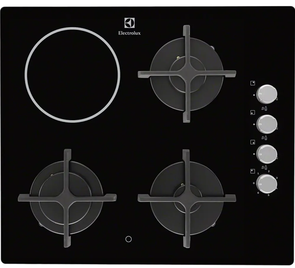 Plita incorporabila Electrolux EGE6182NOK, Mixta, 3 arzatoare gaz, 1 arzator vitroceramic, Aprindere electrica, 60 cm, Sticla Neagra