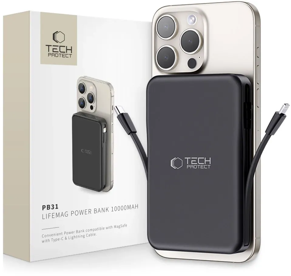 Baterie externa Tech-Protect LifeMag PB31 MagSafe 10000 mAh 15W cu cabluri integrate USB-C si Lightning negru