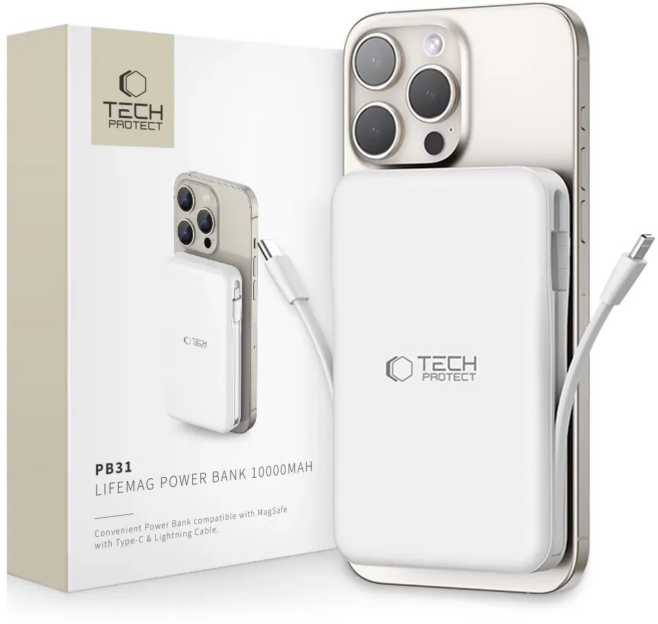 Tech-Protect LifeMag PB31 Power Bank with MagSafe 10000mAh 15W USB-C / USB-A / Built-in USB-C / Lightning Cables - White