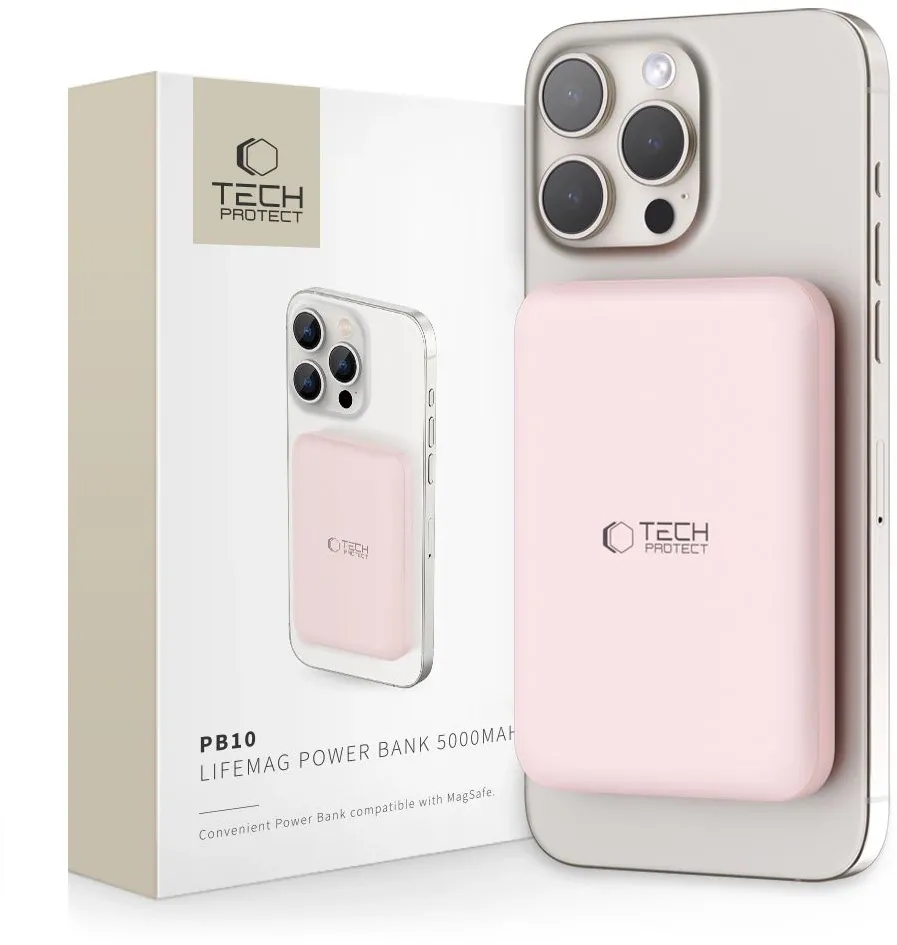 Tech-Protect LifeMag PB10 Powerbank with MagSafe 5000mAh 15W USB-C port - pink + USB-C cable