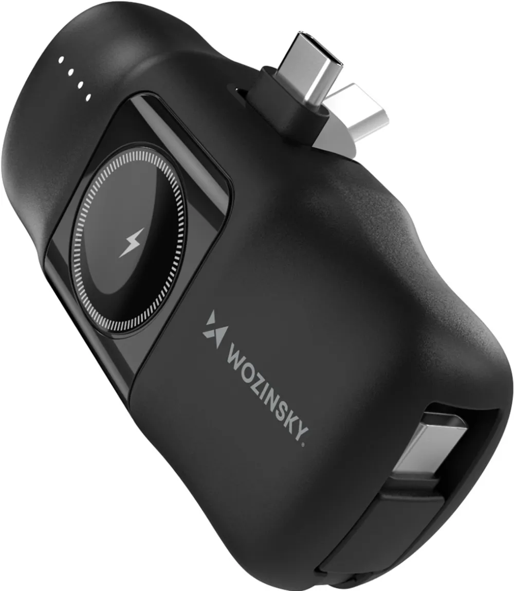 Baterie externa mini Wozinsky WF16-YCS 5000 mAh 15W cu cablu USB-C integrat si incarcator Apple Watch negru