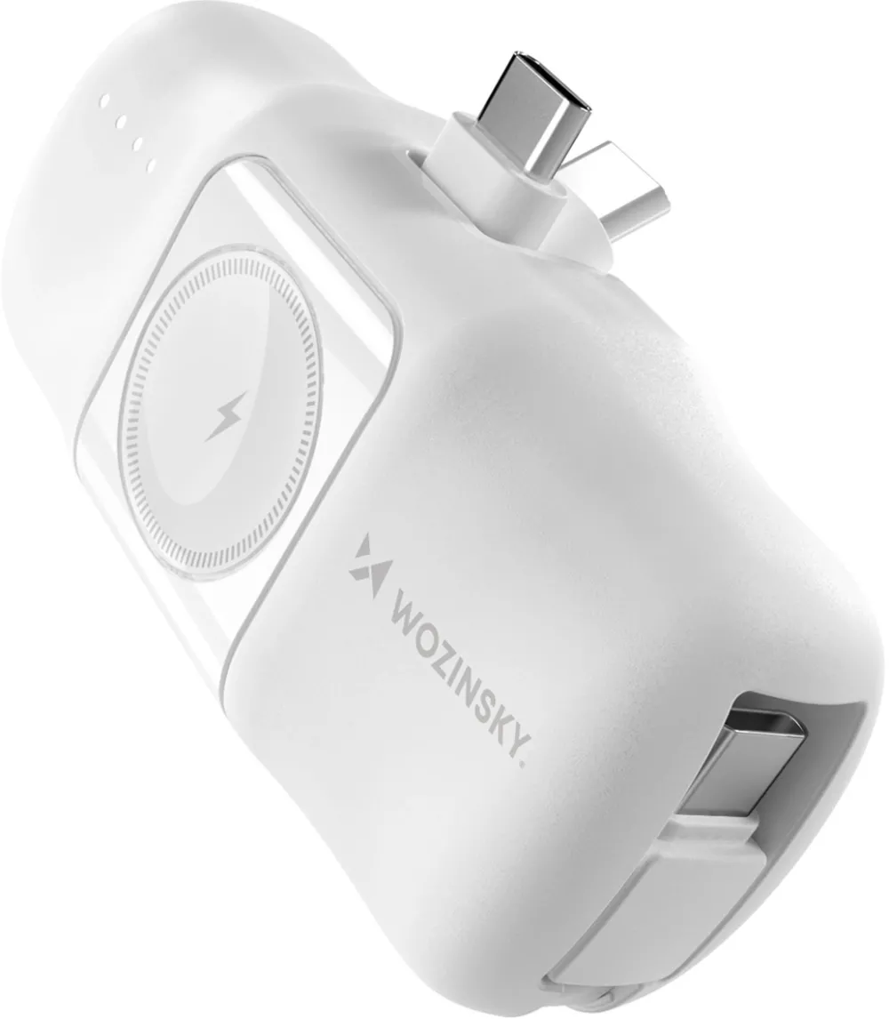 Baterie externa mini Wozinsky WF16-YCS 5000 mAh 15W cu cablu USB-C integrat si incarcator Apple Watch alb