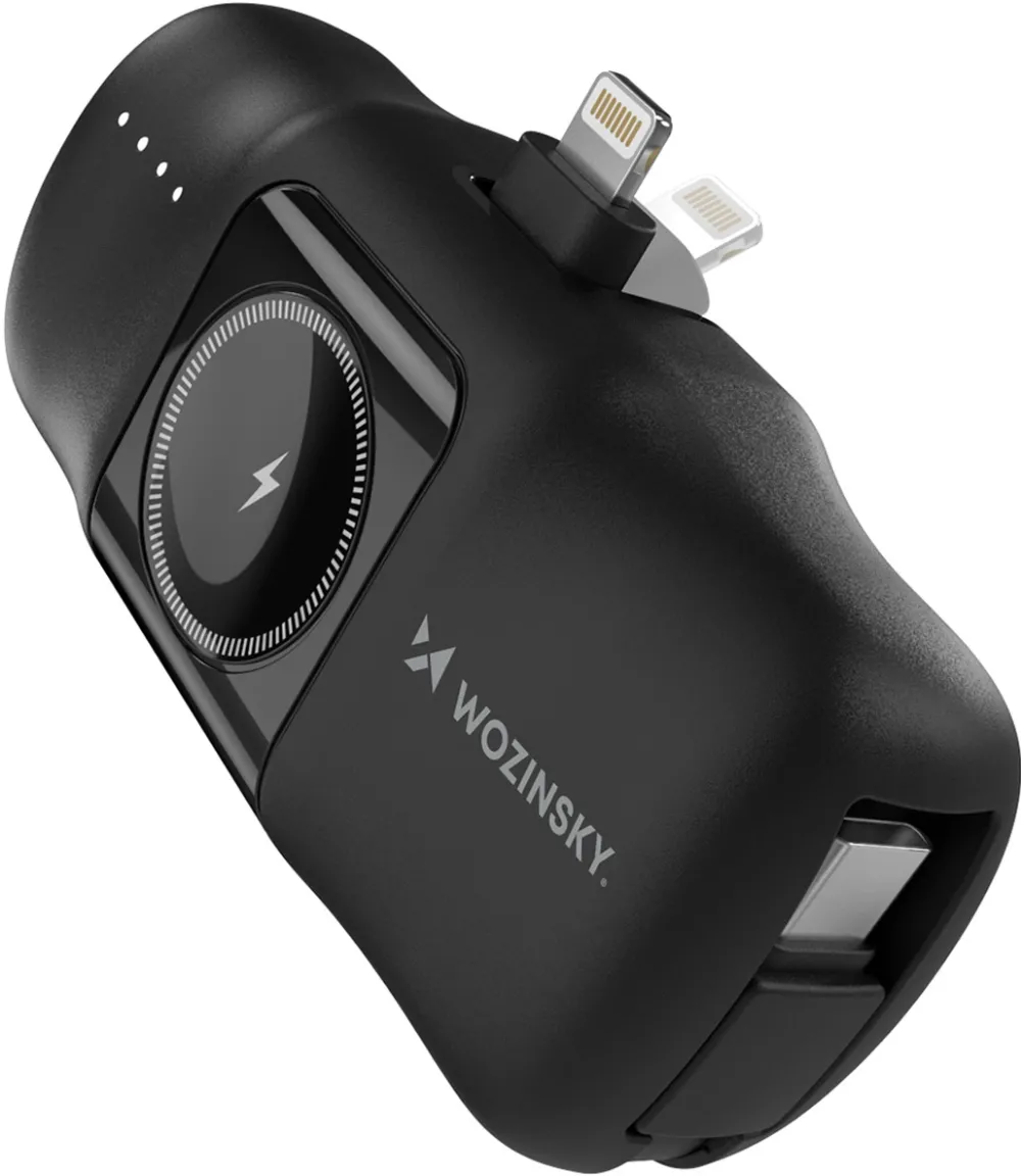 Wozinsky WF16-YLS 5000mAh 15W Lightning Mini Power Bank with Built-in USB-C Cable and Apple Watch Charger - Black