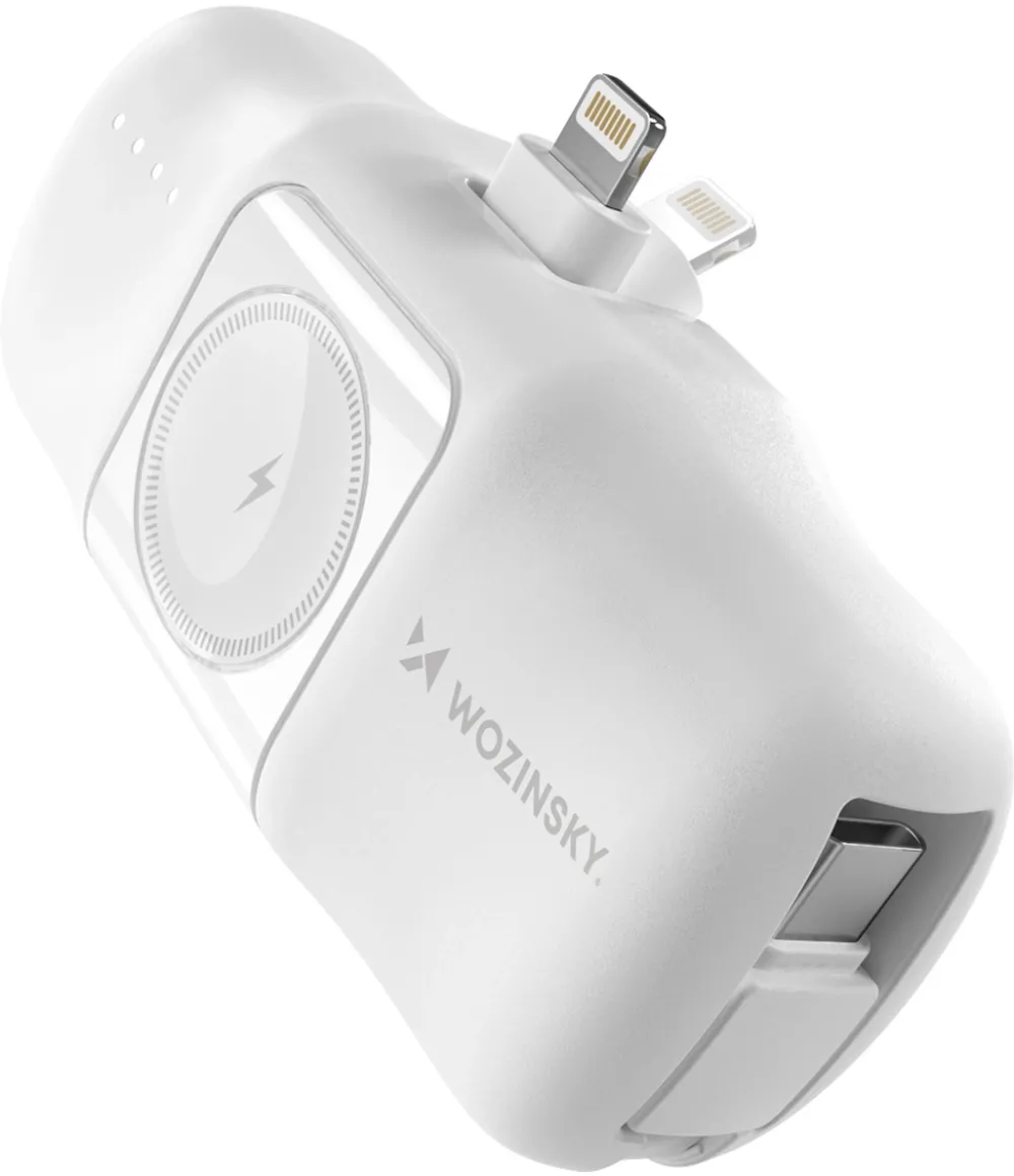 Baterie externa mini Wozinsky WF16-YLS 5000 mAh 15W cu mufa Lightning, cablu USB-C si incarcator Apple Watch alb
