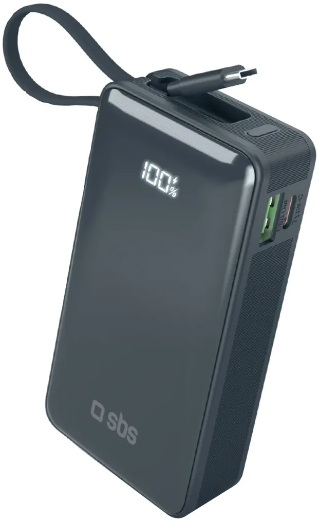 Powerbank SBS 10000 mAh 20W with built-in USB-C cable and digital display - dark gray
