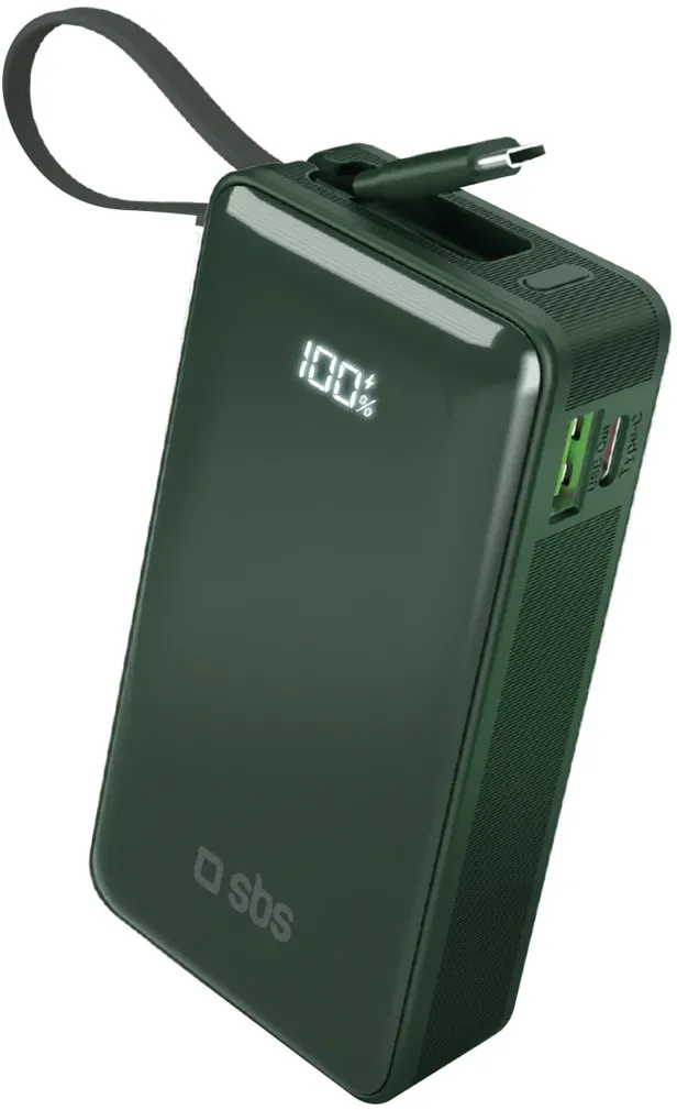 Powerbank SBS 10000 mAh 20W with built-in USB-C cable and digital display - green
