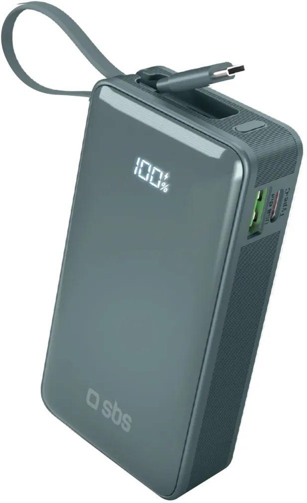 Powerbank SBS 10000 mAh 20W with built-in USB-C cable and digital display - gray