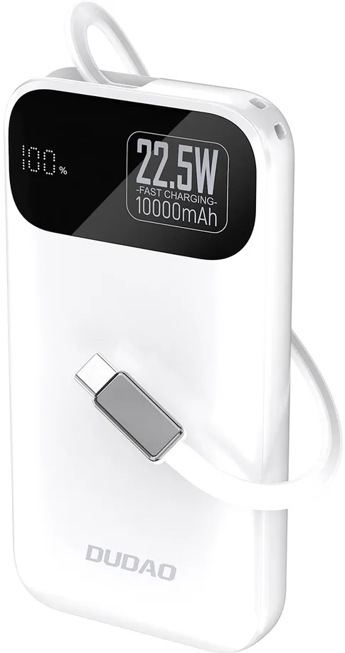 Baterie externa Dudao K31 10000 mAh 22.5W cu cablu USB-C retractabil alb