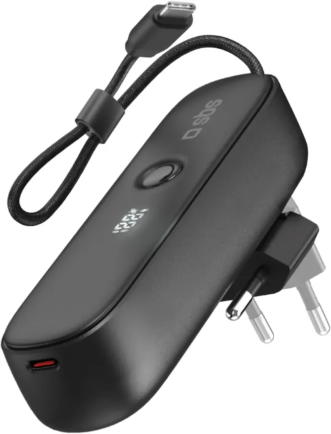 SBS Hybrid PD 20W 5000mAh Power Bank with Built-in Cable and Foldable Plug - Black