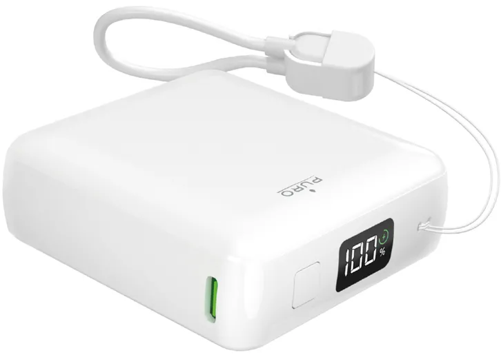 Puro 10000mAh 20W USB-C USB-A Power Bank with Display and Built-in USB-C Cable - White