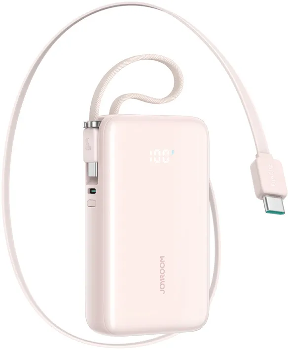 Joyroom JR-PR2L 10000mAh 35W Power Bank with Built-in Retractable USB-C Cable and USB-C Lanyard Cable - Pink