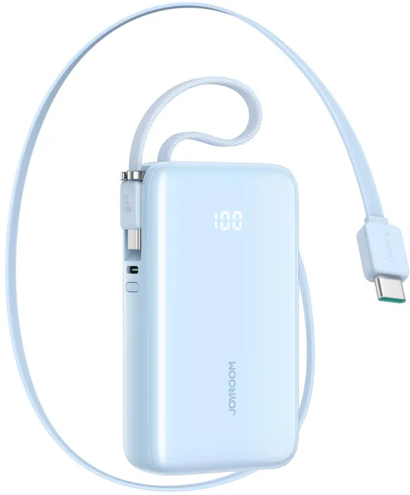 Joyroom JR-PR2L 10000mAh 35W Power Bank with Built-in Retractable USB-C Cable and USB-C Lanyard Cable - Blue
