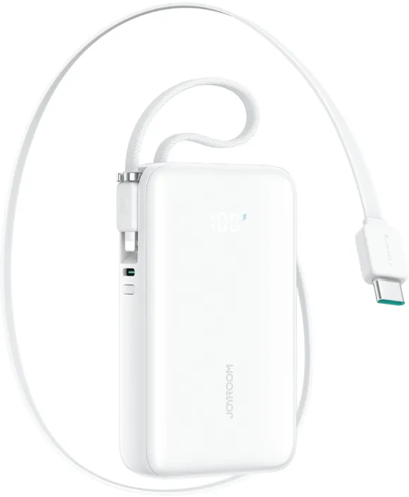 Joyroom JR-PR2L 10000mAh 35W Power Bank with Built-in Retractable USB-C Cable and Lightning Lanyard Cable - White