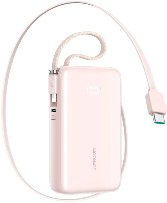 Joyroom JR-PR2L 10000mAh 35W Power Bank with Built-in Retractable USB-C Cable and Lightning Lanyard Cable - Pink