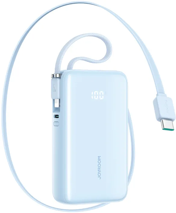 Joyroom JR-PR2L 10000mAh 35W Power Bank with Built-in Retractable USB-C Cable and Lightning Lanyard Cable - Blue