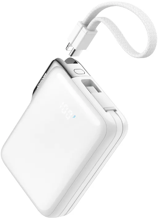 Joyroom JR-PBF27 Pro 10000mAh 30W Power Bank with Built-in USB-C Cable and Additional Bidirectional USB-C to Lightning Cable - White