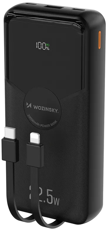 Wozinsky WFC-15B 20000mAh 22.5W PD20W Powerbank with Built-in Lightning and USB-C Cables - Black