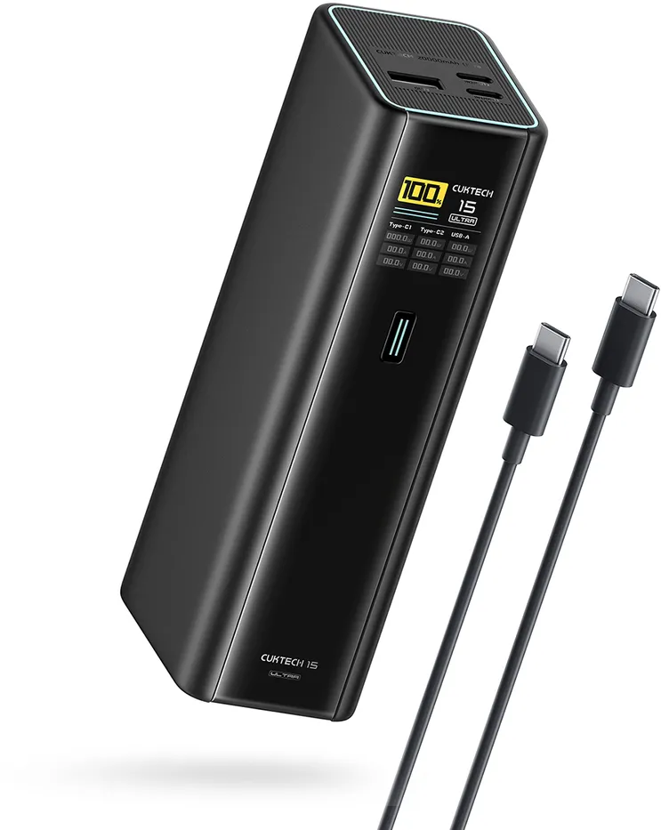 Cuktech PB200U Powerbank 210W 20000mAh 2x USB-C + USB-A with TFT display and 240W USB-C cable - black