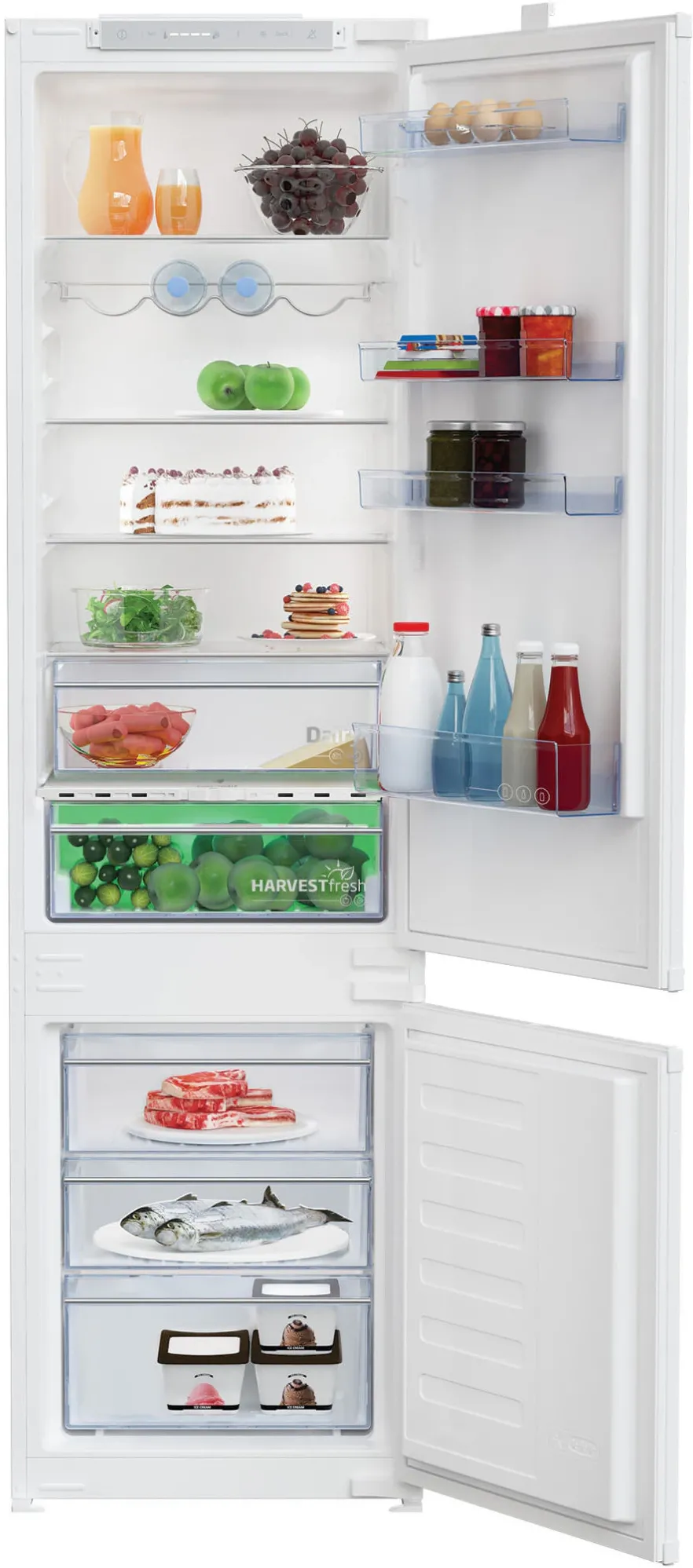 Combina frigorifica incorporabila Beko BCSA306E4ZSN, 298 l, HarvestFresh, Everfresh+, Raft sticle, Compresor ProSmart Inverter, Display touch control, Clasa E, H 194 cm, Alb