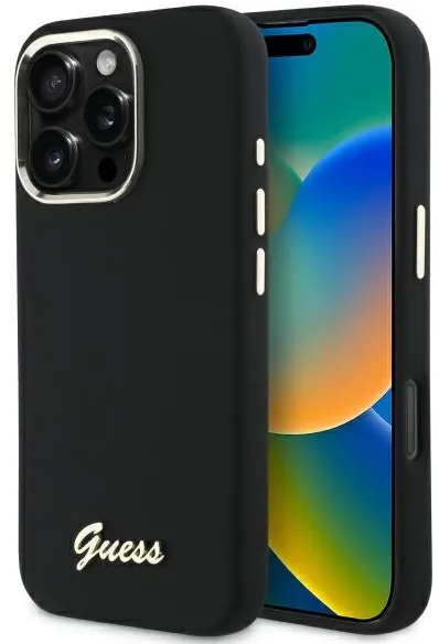 Guess Silicone Script Metal Logo &amp; Frame Case for iPhone 16 Pro Max - Black