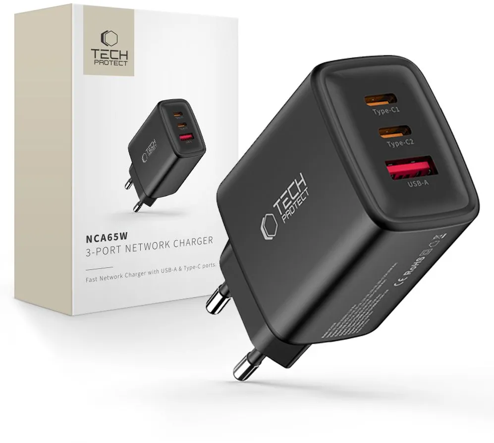 Incarcator de priza Tech-Protect NCA65W-GAN GaN 65W 3 porturi negru