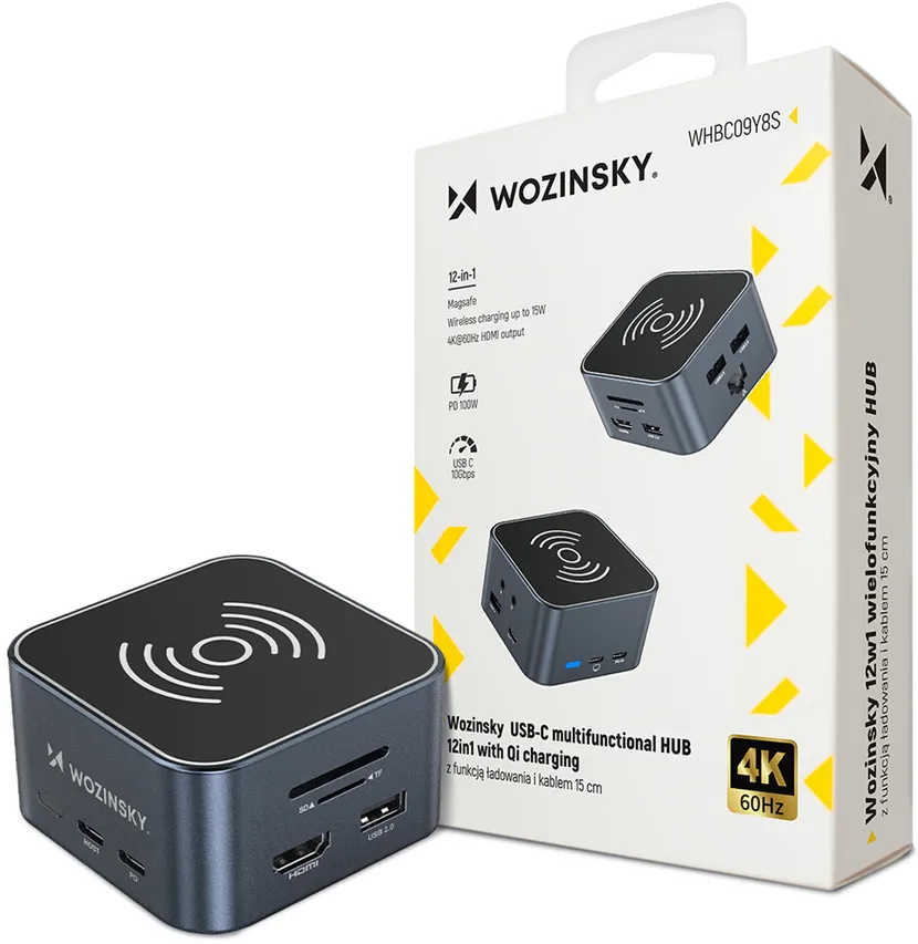 Hub USB-C 12 in 1 Wozinsky WHBC09Y8S multifunctional, with wireless charging function, aluminum, with 15 cm cable - gray