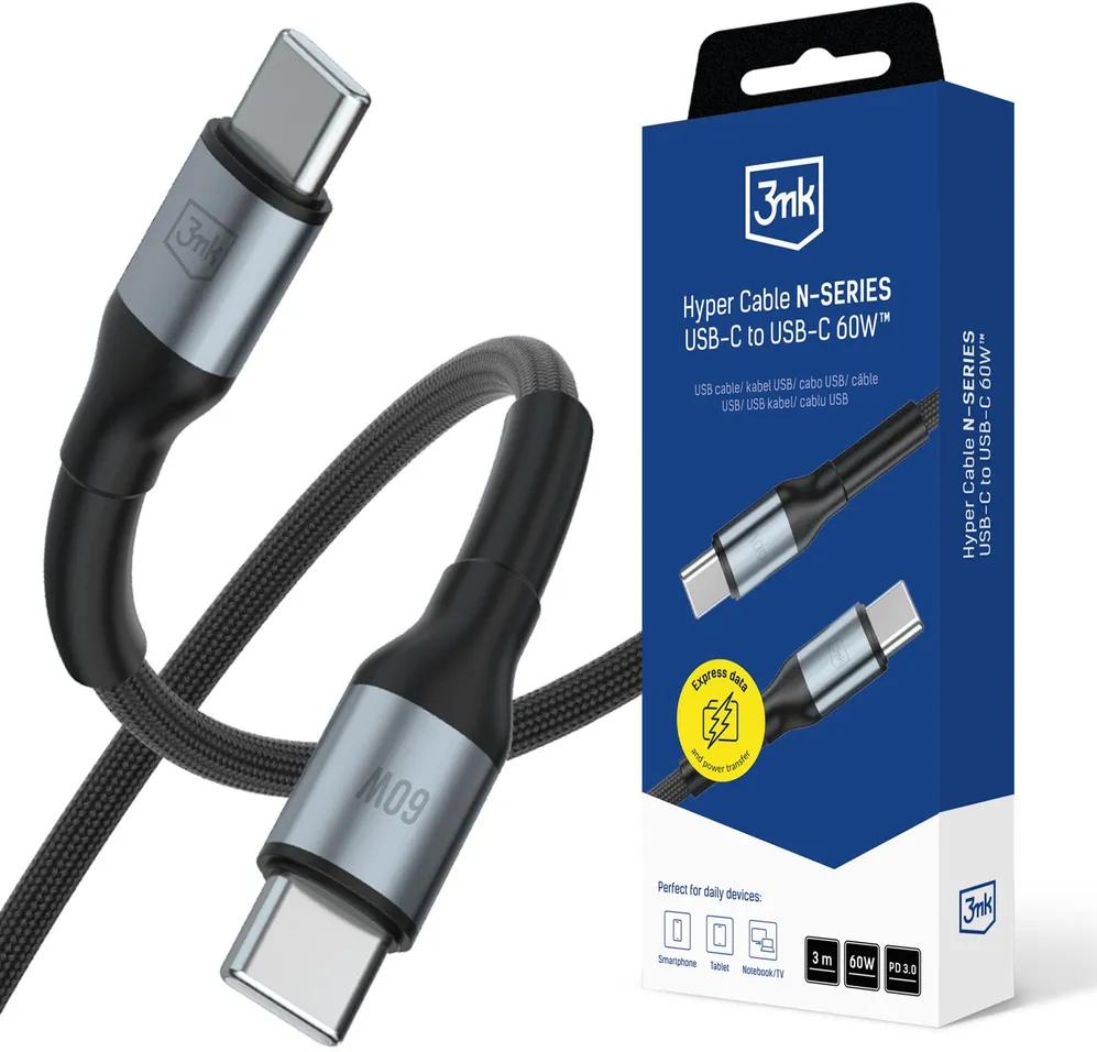 3mk Hyper Cable N-SERIES USB-C / USB-C 3m PD 3.0 QC 3.0 20V/3A 60W - black