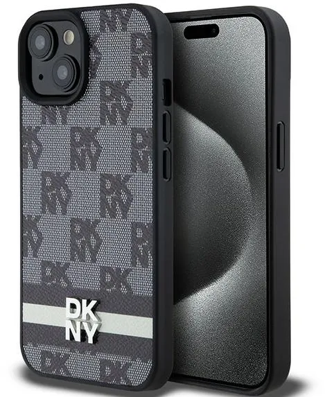 DKNY Leather Checkered Mono Pattern & Printed Stripes Case for iPhone 15 Plus / 14 Plus - Black