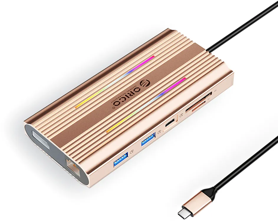 Orico XDR 12in1 RGB USB-C Docking Station USB-A USB-C 2x HDMI 4K 60 Hz DisplayPort 4K 60 Hz RJ45 Gigabit PD 100W SD and microSD Card Reader - Rose Gold