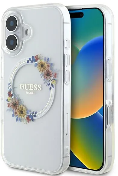 Guess IML Flowers Wreath MagSafe Case for iPhone 16 Plus - Clear
