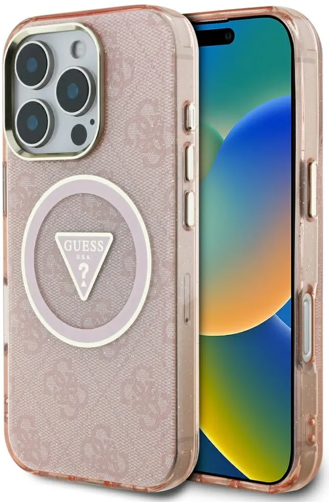 Guess IML Metal Glitter 4G Circle Triangle MagSafe Case for iPhone 16 Pro - Pink