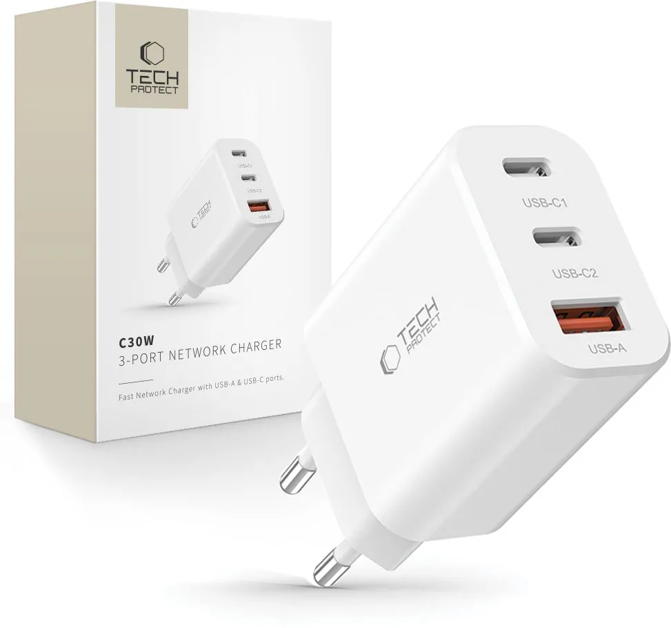 Incarcator de priza Tech-Protect NC30W 30W 2x USB-C PD si USB-A QC 3.0 alb