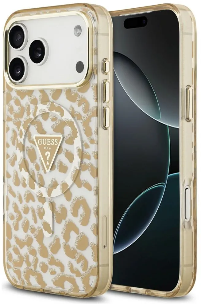 Guess IML Leopard Glitter Triangle Logo MagSafe Case for iPhone 17 Pro / 18 Pro - Brown