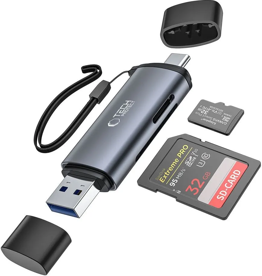 Tech-Protect UltraBoost SD/micro SD card reader with USB-C/USB-A connectors - gray