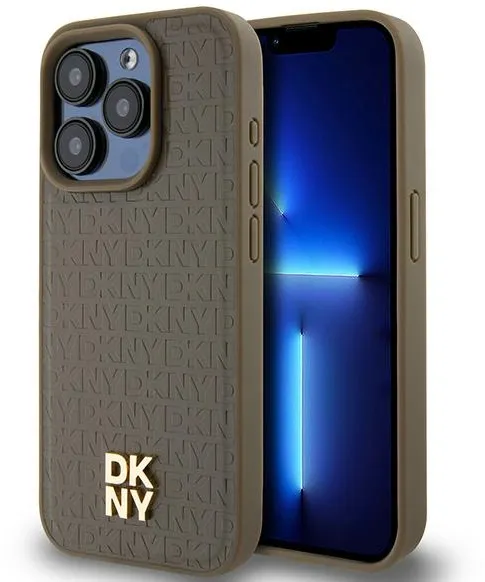 DKNY Leather Pattern Metal Logo MagSafe Case for iPhone 14 Pro Max - Brown