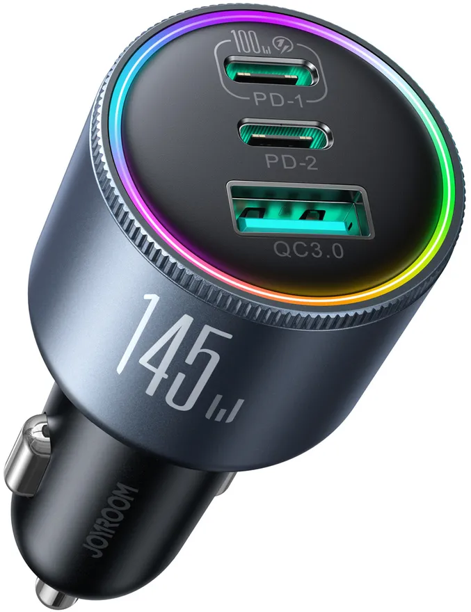 Incarcator auto Joyroom JR-CCN07 145W 2x USB-C + USB-A cu cablu USB-C 100W gri inchis