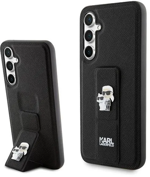 Husa Karl Lagerfeld Gripstand Saffiano Karl&Choupette Pins cu curea pentru Samsung Galaxy S23 FE negru
