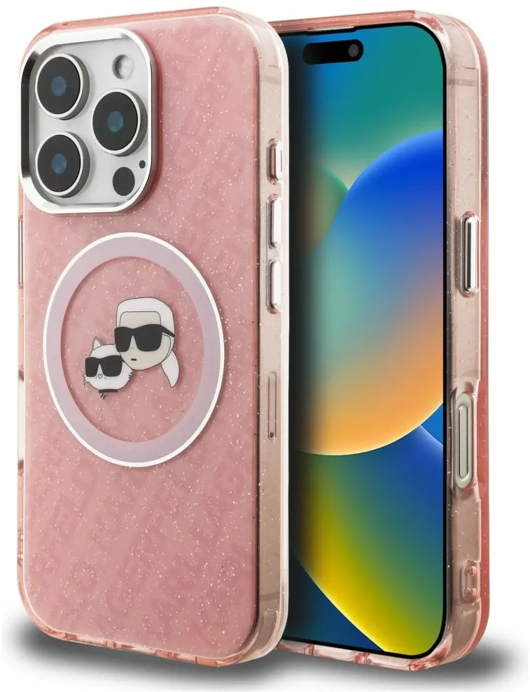 Karl Lagerfeld IML Glitter Karl & Choupette Heads Logo MagSafe Case for iPhone 16 Pro - Pink