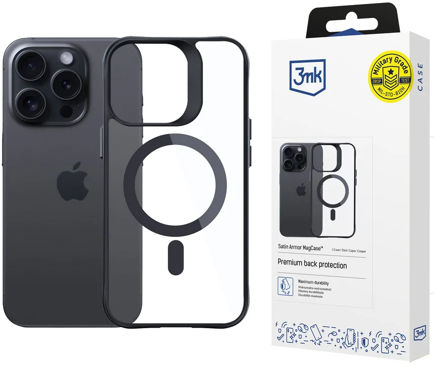 3mk Satin Armor MagCase with MagSafe for iPhone 15 Pro Max - Clear with Black Frame
