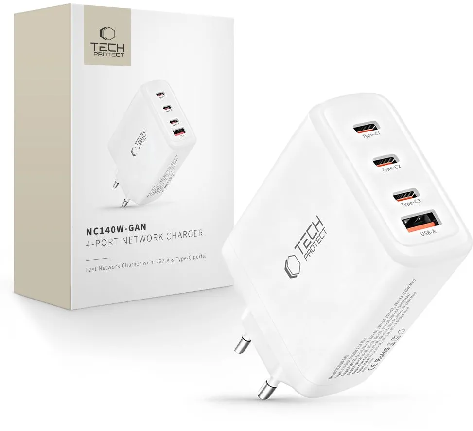 Incarcator de perete Tech-Protect NC140W-GAN GaN 4 porturi 140W alb