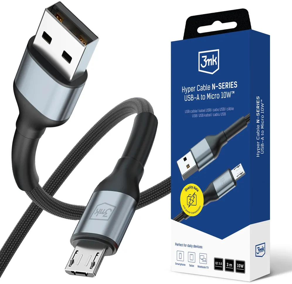 3mk Hyper Cable N-SERIES USB-A / MicroUSB 3m QC 3.0 5V/2A 10W - black