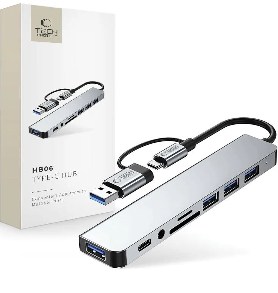 Tech-Protect HB06 HUB Adapter 8in1 TYPE-C + USB2.0 + USB3.0 + SD/TF + AV3.5 - gray