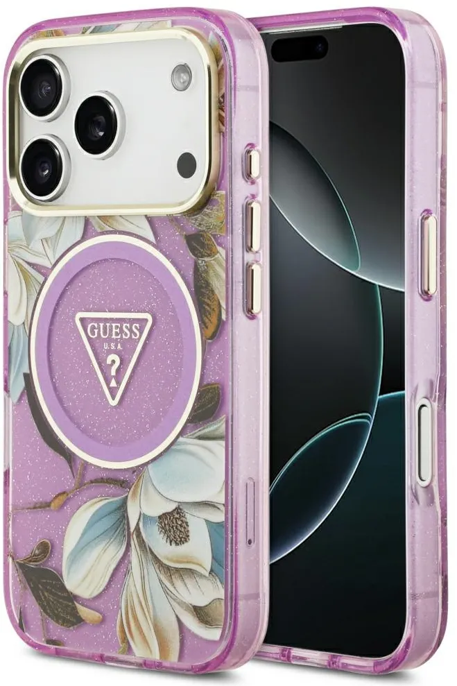 Guess IML Glitter Flowers Triangle MagSafe Case for iPhone 17 Pro / 18 Pro - Purple