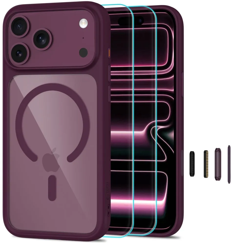 Tech-Protect MagOne CC MagSafe Case + Tempered Glass 2-Pack for iPhone 18 Pro / 17 Pro - Clear Burgundy