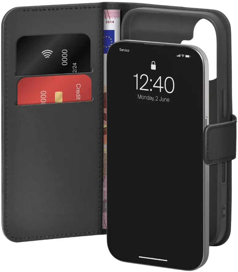 Puro Wallet Stand case for iPhone 17 made of eco-leather, with a flap, wallet and stand function - black