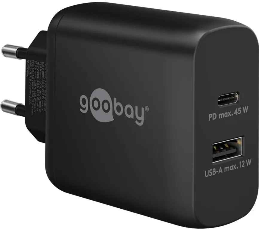 goobay USB-C PD dual fast charger 45 watts (black, 1x USB-A, 1x USB-C PD, GaN technology)